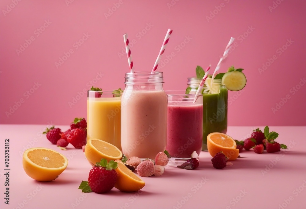 Summer colorful fruit smoothies in jars on pink background Healthy detox and diet food concept Summer colorful fruit smoothies in jars on pink background Healthy detox and diet food concept