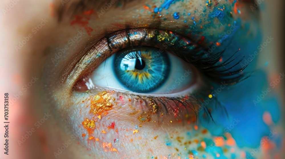 Vivid blue eye with colorful paint splashes on skin