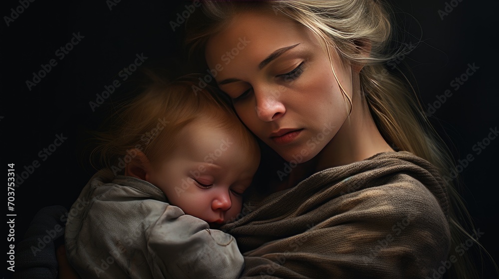 Young tired woman with crying baby in arms, child care concept Young tired woman with crying baby in arms, child care concept
