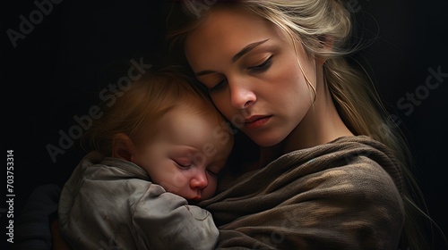 Young tired woman with crying baby in arms, child care concept
