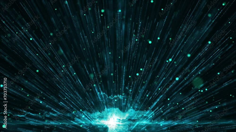 flying bright blue particles, animation of dust and shiny dots, beautiful bokeh, explosion of particles
