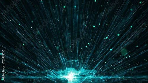flying bright blue particles, animation of dust and shiny dots, beautiful bokeh, explosion of particles