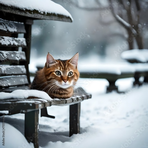 
a cat sitting on a bentch in snow falling.



















 photo