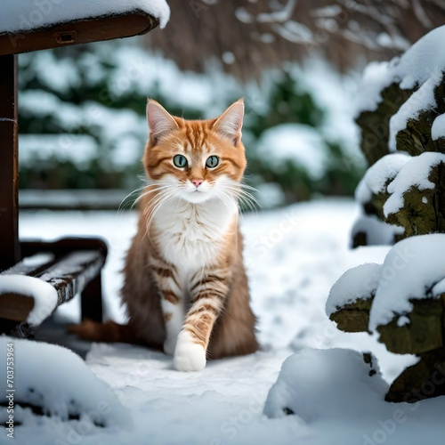 
a cat sitting on a bentch in snow falling.



















 photo