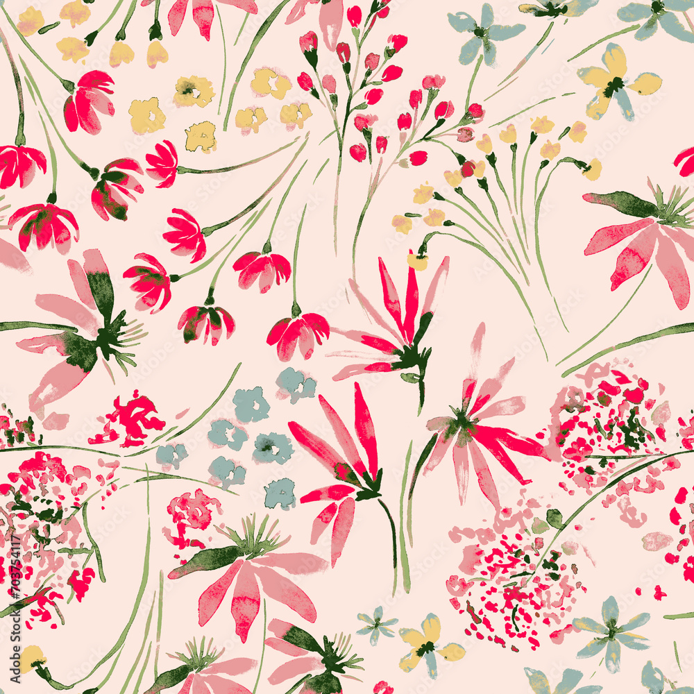 Seamless floral pattern pink background graphic art work design ready for textile work.