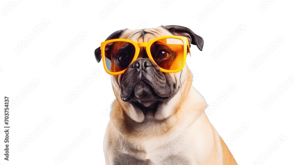 Pug wearing cool sunglasses in summer on a transparent background (PNG)
