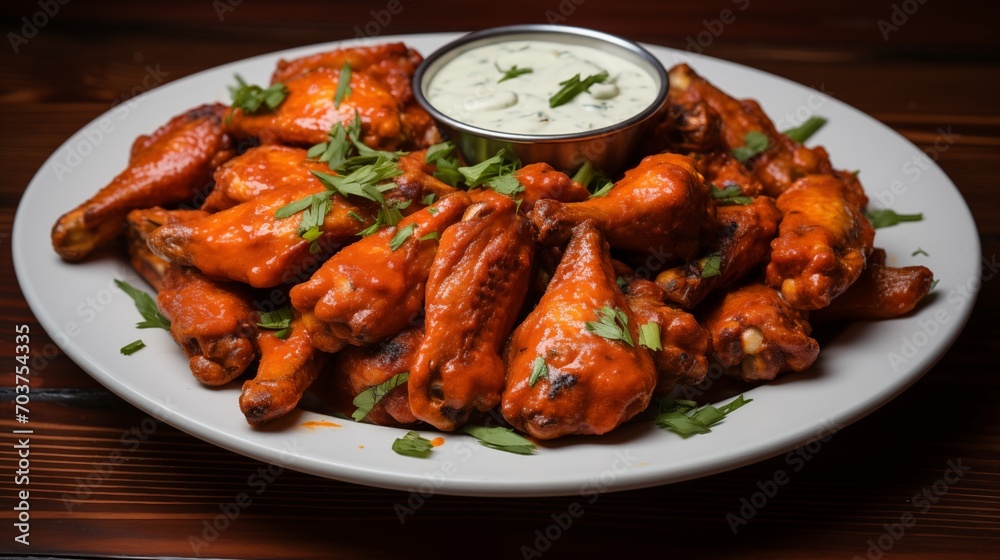 A plate of spicy chicken wings with ranch dressing