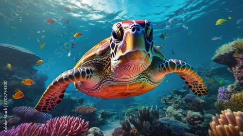 turtle with Colorful tropical fish and animal sea life in the coral reef, animals of the underwater sea world, Generative AI