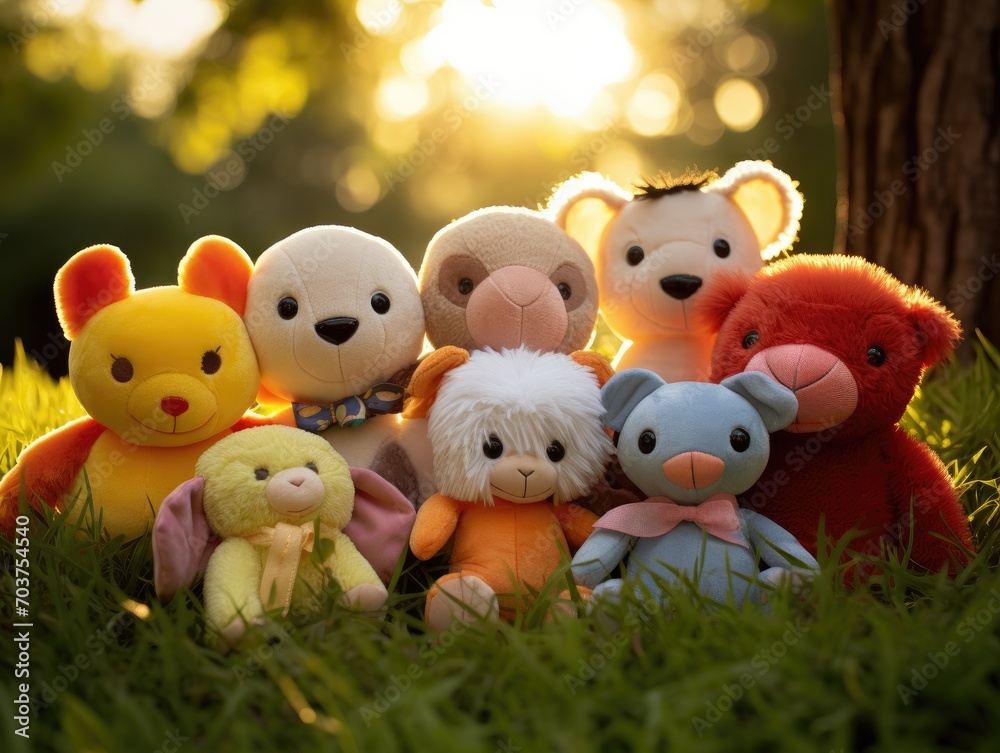 A group of stuffed animals sitting in the grass. Generative AI. A group of stuffed animals sitting in the grass. Generative AI.