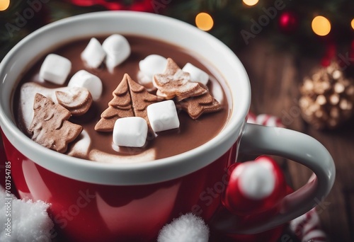 Winter lifestyle with cup of hot cocoa with marshmallows and Christmas decoration on wooden background