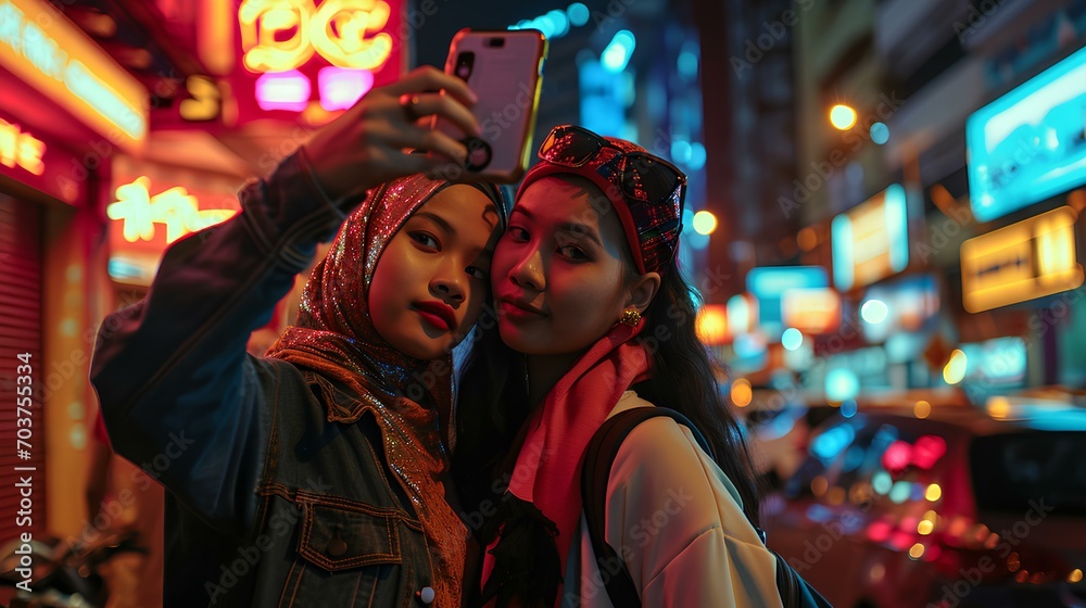 Fototapeta premium Neon Nights: Selfie Time in the City