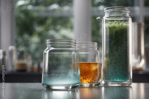 Science Background with Glass Containers and Natural Elements.