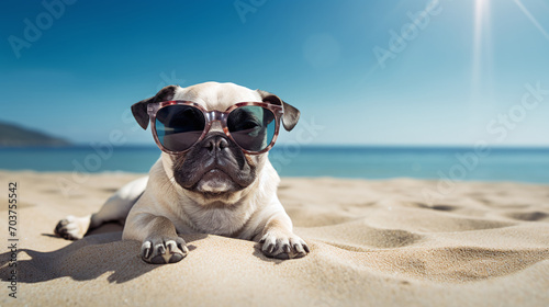 A pug puppy sits on the beach and wears sunglasses because the light hurts his eyes. Ai generate.