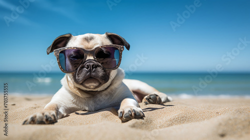 A pug puppy sits on the beach and wears sunglasses because the light hurts his eyes. Ai generate.