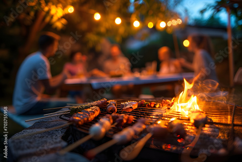 Outdoor barbecue, grill, roasted beef, sausages, summer, sunset, fun, vacation, beer, celebration	