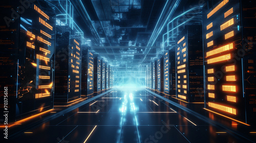 Modern Data Technology data centre Server Racks in Dark Room. Visualization Concept of Data Flow  Digitalization of Internet Traffic. Complex Electric Equipment Warehouse