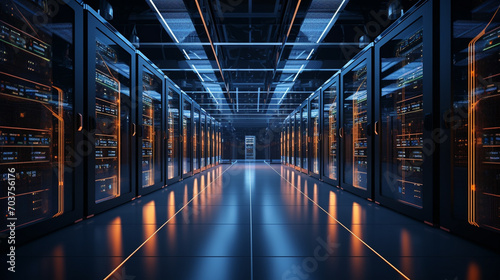 Modern Data Technology data centre Server Racks in Dark Room. Visualization Concept of Data Flow, Digitalization of Internet Traffic. Complex Electric Equipment Warehouse photo