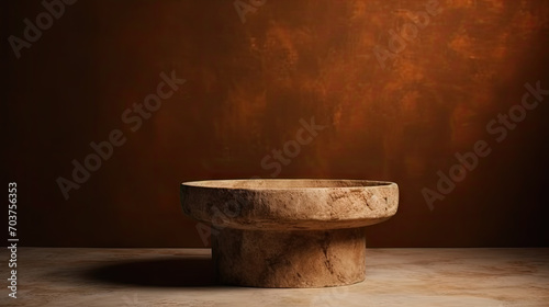 Natural stone and concrete podium in beige wall background for Empty show for packaging product presentation. Background for cosmetic products, Mock up the pedestal, brown stone podium