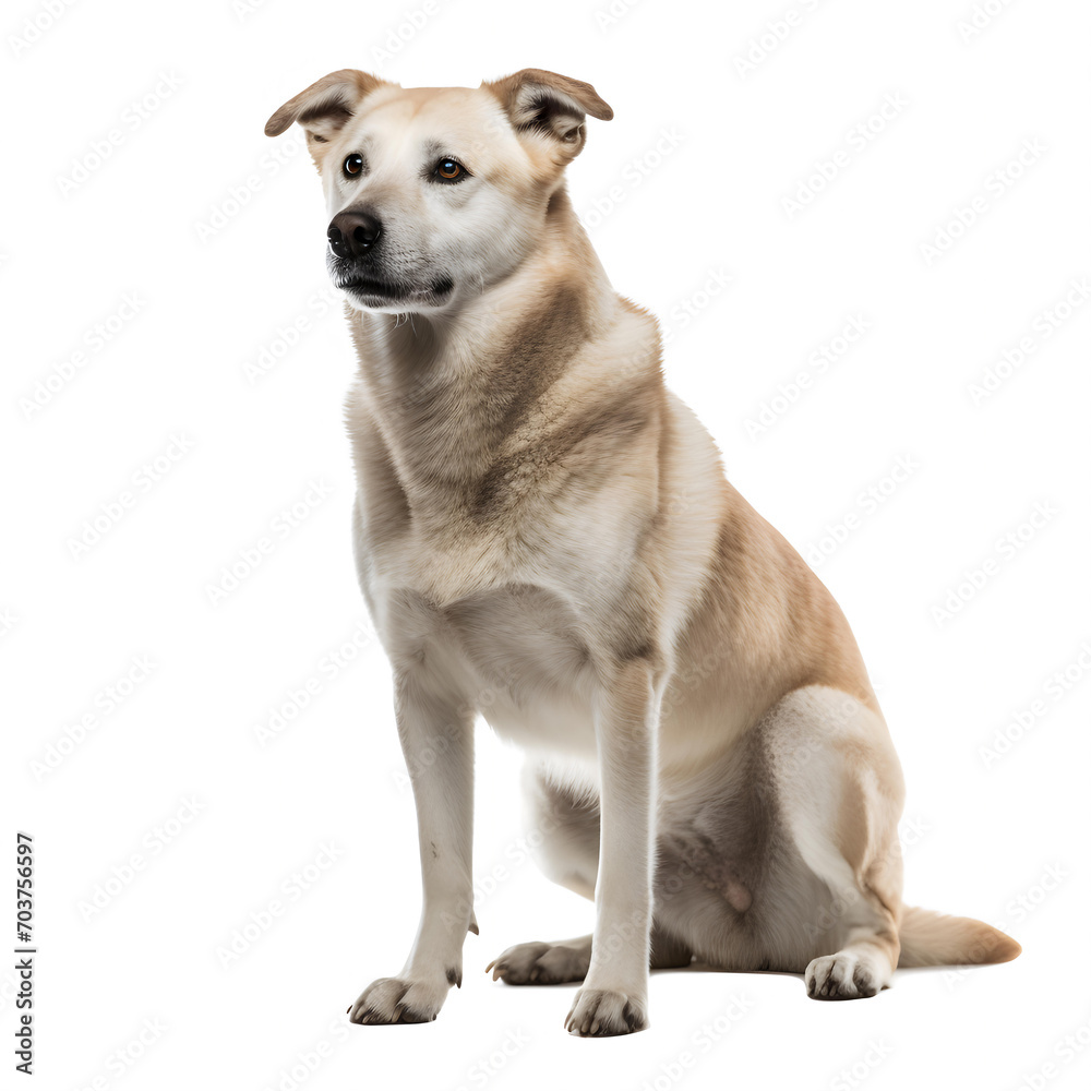 A Tan and Cream Dog Sitting on a White Background