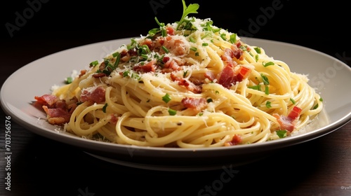 A plate of classic spaghetti carbonara with pancetta