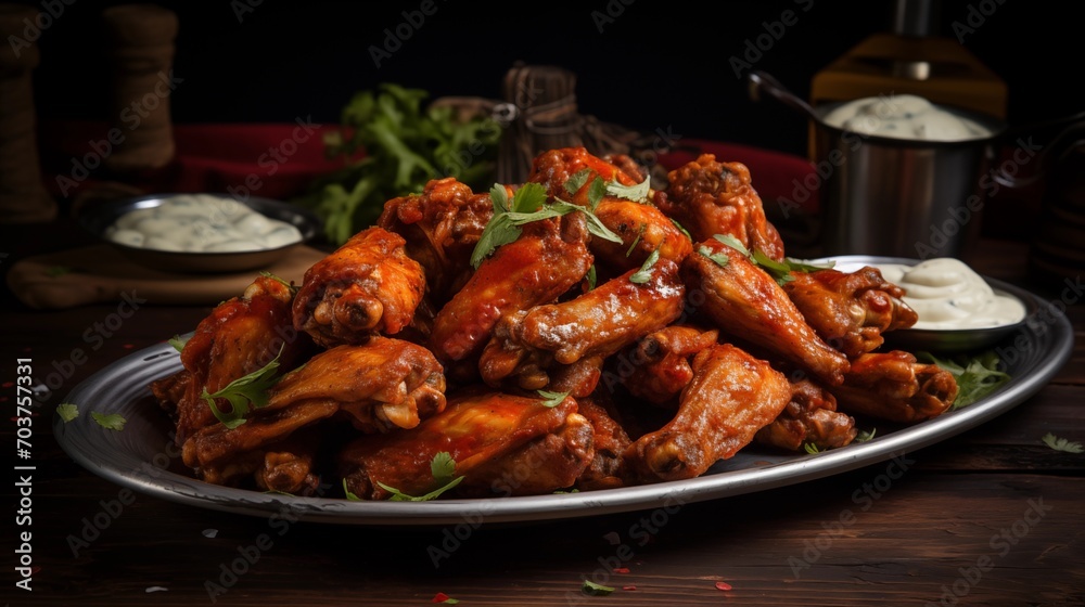 A platter of spicy chicken wings with blue cheese dressing