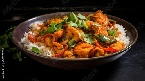 A bowl of spicy chicken and vegetable curry with basmati rice