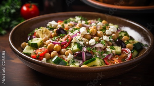 A bowl of Mediterranean chickpea salad with feta and olives