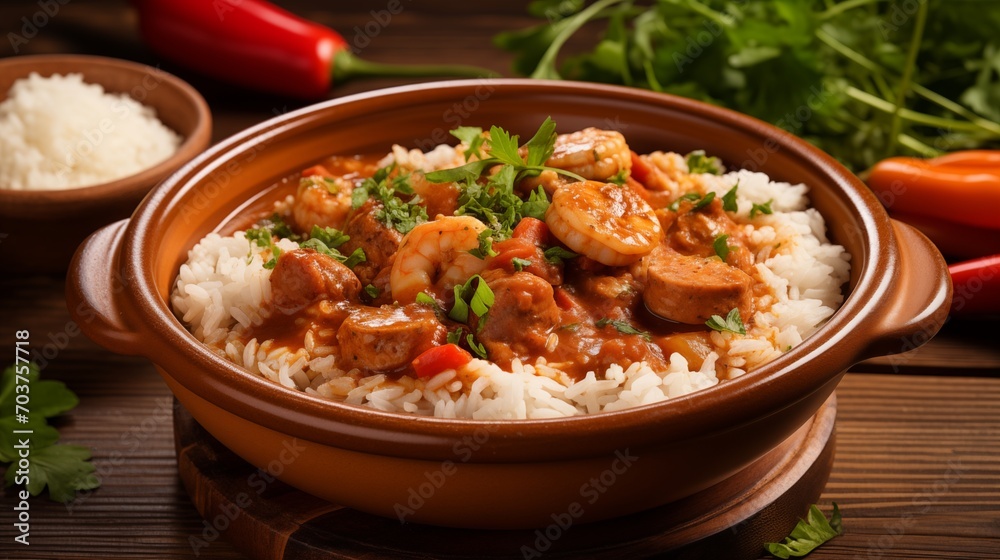 A bowl of spicy shrimp and sausage gumbo with rice