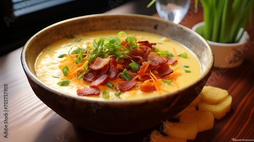 A bowl of creamy corn chowder with bacon