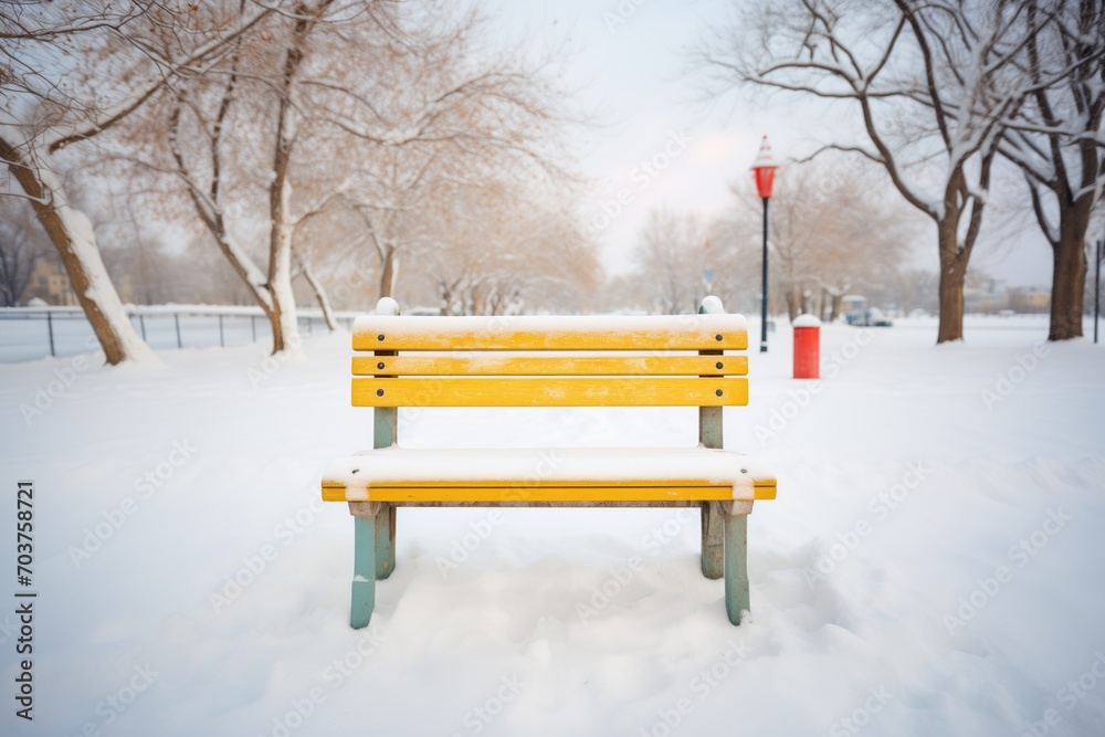 snowy bench with straight footpath approach