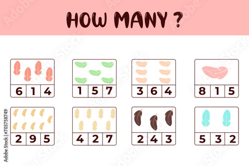 How many feathers Educational math game. Count the number of feathers. A counting game for children. Vector illustration