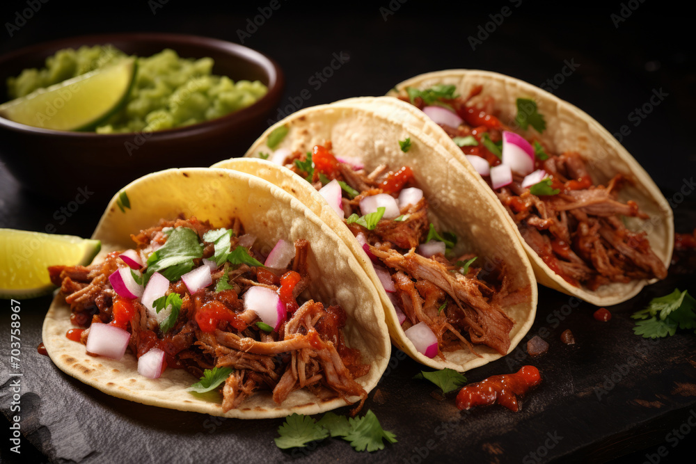 Mexican pork carnitas tacos with greens, tomato and veggies on black stone board Mexican pork carnitas tacos with greens, tomato and veggies on black stone board
