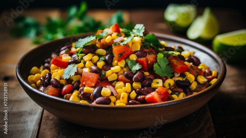 A bowl of spicy black bean and corn salad with cilantro