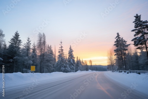 twilight on a quiet snow-laden road with pine trees