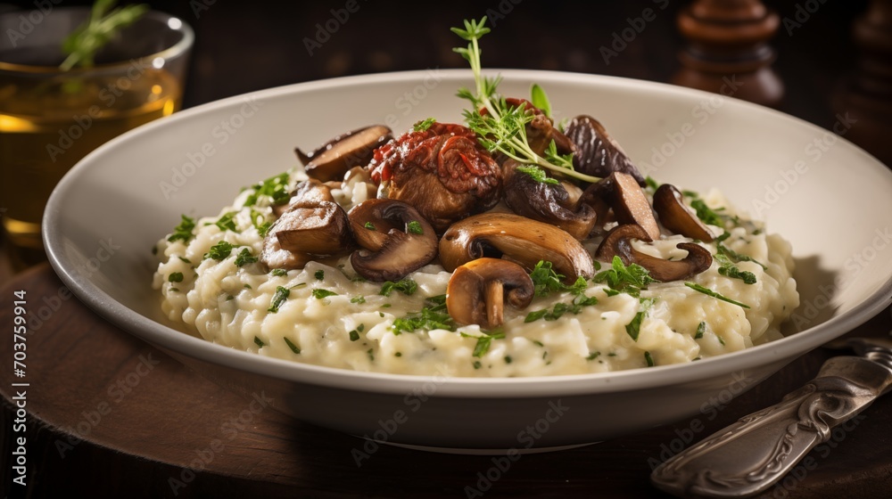 A bowl of creamy wild mushroom risotto with truffle oil