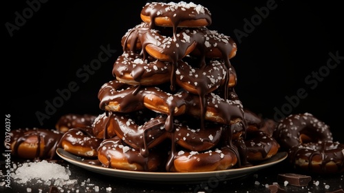 A tower of chocolate-covered pretzel bites with sea salt