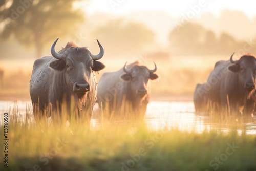 buffaloes highlighted by golden hour sunlight