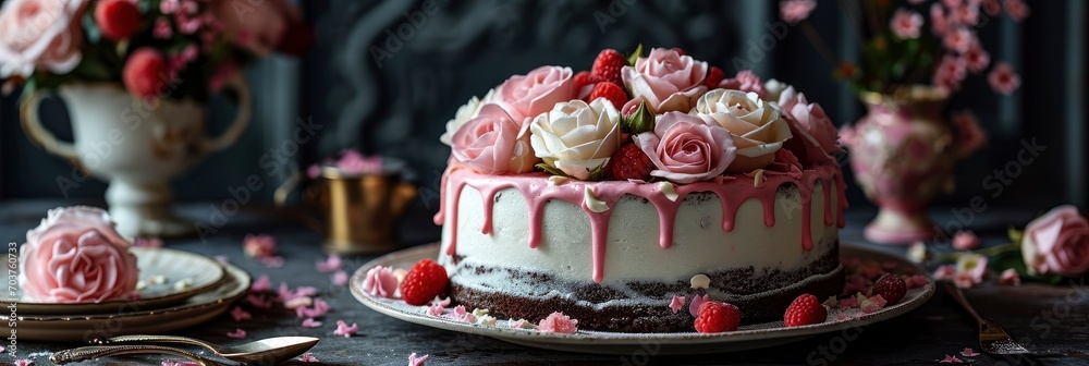 White Birthday Cake Pink Rose Fresh, Banner Image For Website, Background, Desktop Wallpaper