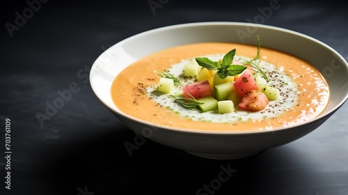 A bowl of refreshing peach and cucumber gazpacho