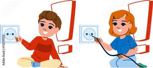 accident electric safety kid vector. socket shock, plug security, children hazard accident electric safety kid character. people flat cartoon illustration