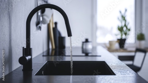 Generative AI Contemporary black matte kitchen faucet, minimalistic design, clean lines, water streaming, white background, stylish sticker art --ar 16:9 --v 6 Job ID: 6481aa28-68ed-4821-91e8-f1f54b4b