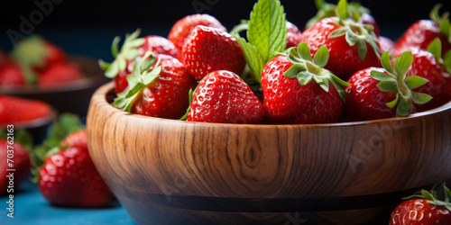 Fresh Ripe Strawberries in Wooden Bowl on Blue Textile Background  Healthy Fruit Concept