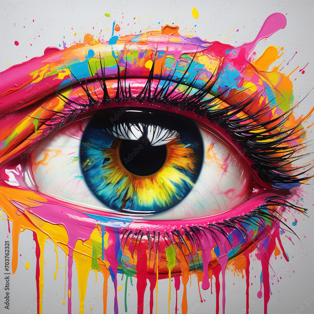 Brightly Coloured Eye with marbled paint splat