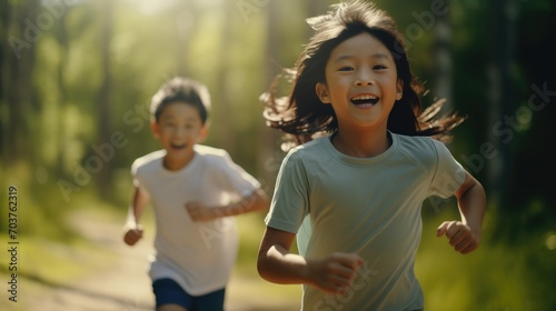 Asian Japanese girl and boy with beautiful smile. having fun outdoors. running jogging, exercise, joyful