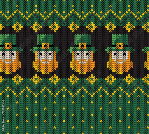 Knitting green St. Patrick's Day ugly sweater ornament with Leprechaun face. Vector illustration.