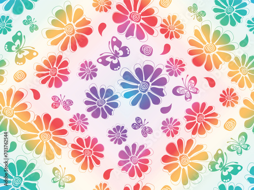 Vector hand drawn rainbow gradient spring seamless pattern with flowers and butterflies on a white background