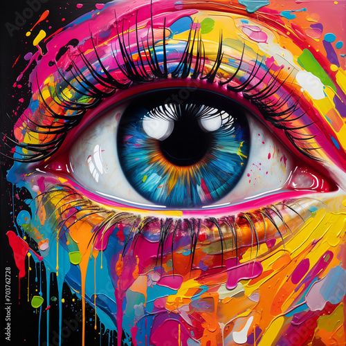 Brightly coloured eye with paint drips