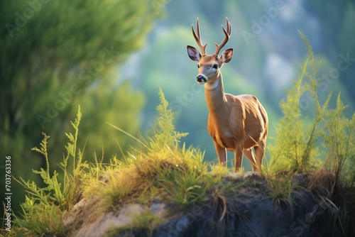 solitary bushbuck on a hillside with evergreens photo