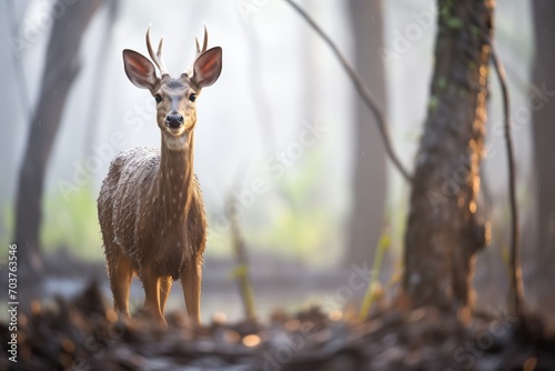 dew-covered bushbuck at dawn in misty woods photo