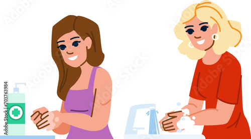 bathroom hand washing woman vector. foam clean, liquid care, hygiene bacteria bathroom hand washing woman character. people flat cartoon illustration